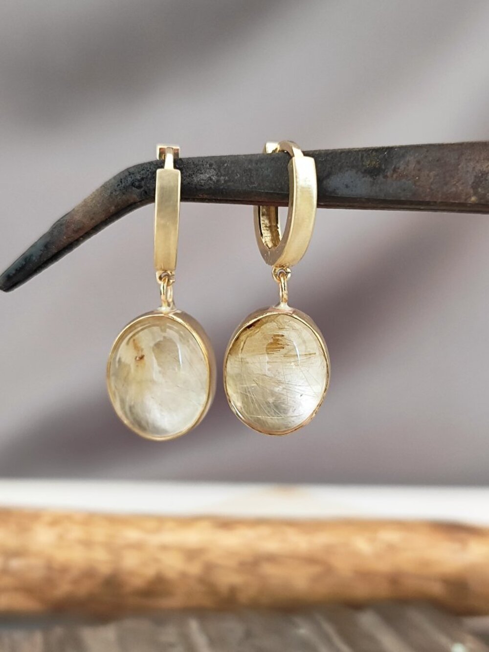 Rutile Quartz earrings - 14K Solid yellow gold earrings - Drop dangle